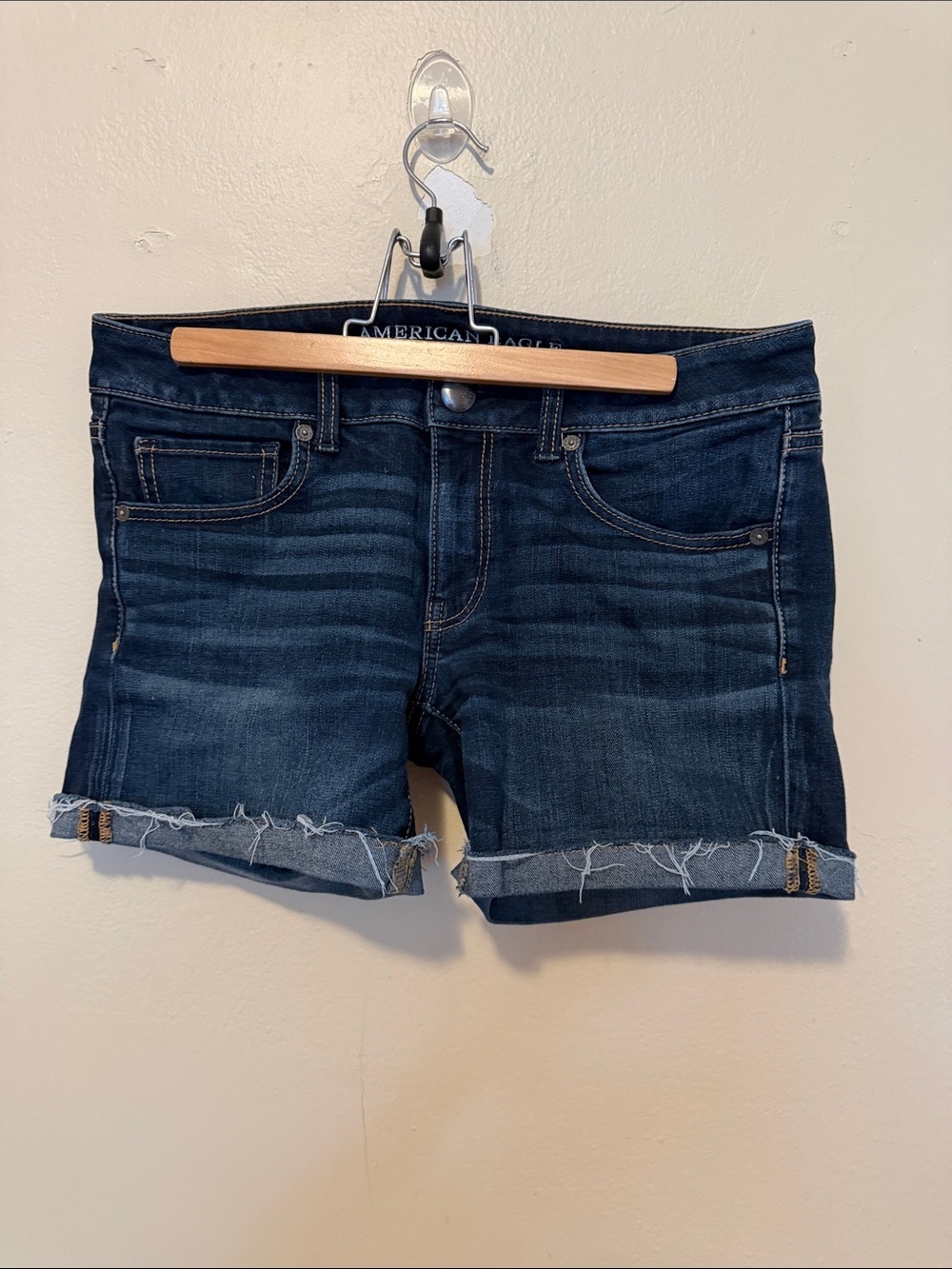 American Eagle Outfitters Dark Blue Denim Frayed Cuffed Shorts